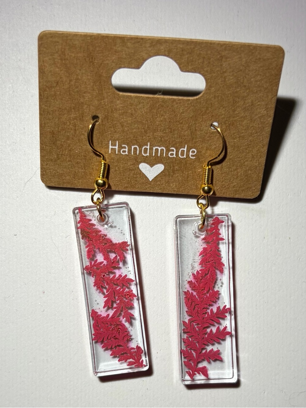 Handmade Gold Hook Earrings with Pink Floral Resin Drops